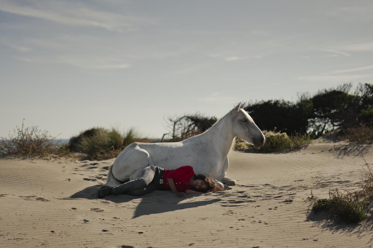 ein weißes Pferd und eine junge Frau liegen im Sand. 