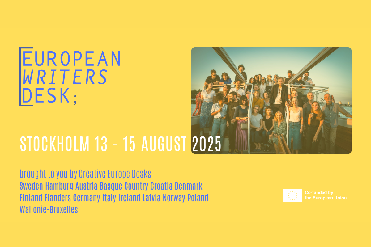 Eine gelbe Grafik mit dem Logo des EWD sowie einem Gruppenfoto